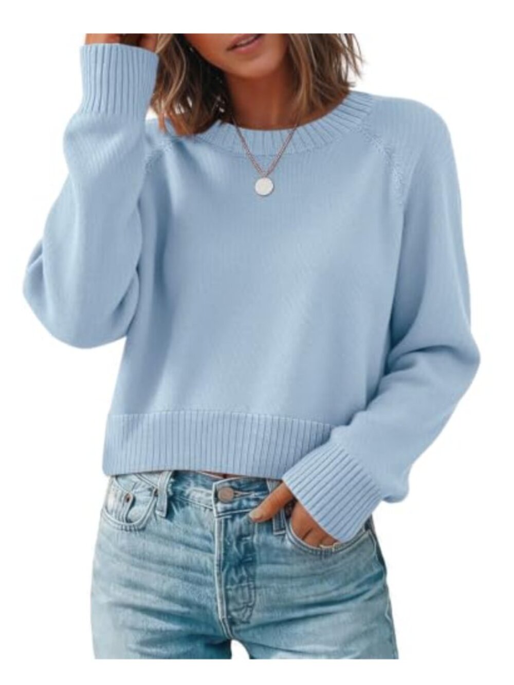 Cropped Crewneck Pullover Sweater for Women Long Sleeve Knit Top Fall Layering